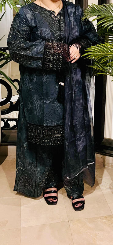 Midnight Black Embroidered 3-Piece Lawn Suit with Dupatta