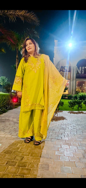 Lime Yellow Embroidered 3-Piece Festive Suit with Organza Dupatta
