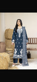 Navy Blue & White Embroidered 3-Piece Traditional Suit