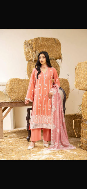 Blush Peach Embroidered 3-Piece Festive Suit