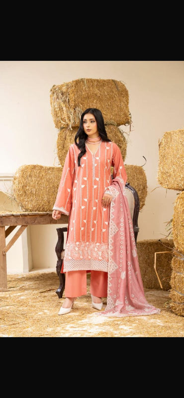 Blush Peach Embroidered 3-Piece Festive Suit