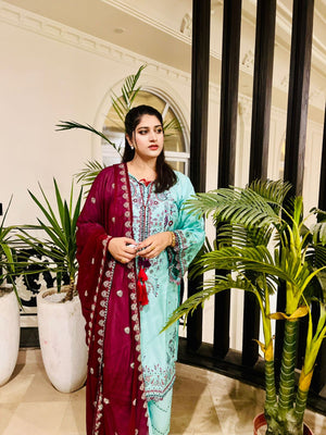 Aqua Blue & Magenta Embroidered 3-Piece Festive Suit