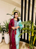 Aqua Blue & Magenta Embroidered 3-Piece Festive Suit