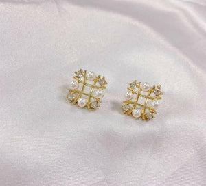 Gold Pearl Crystal Stud Earrings