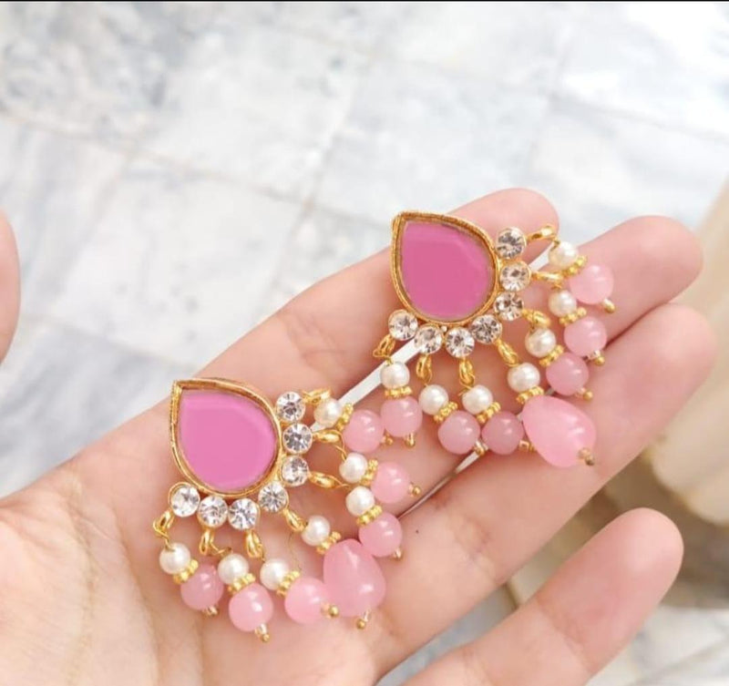 Pink Crystal & Pearl Tassel Earrings – Elegant Ethnic Drop Earrings for Women