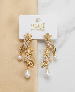 Gold Floral Pearl Drop Earrings – Elegant Crystal Flower Dangle Earrings for Women