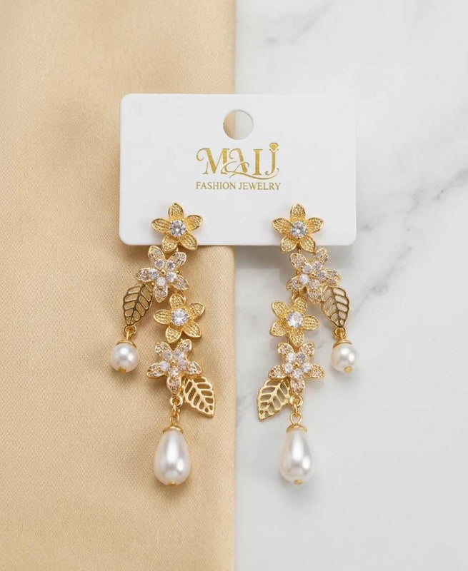 Gold Floral Pearl Drop Earrings – Elegant Crystal Flower Dangle Earrings for Women