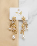 Gold Floral Pearl Drop Earrings – Elegant Crystal Flower Dangle Earrings for Women