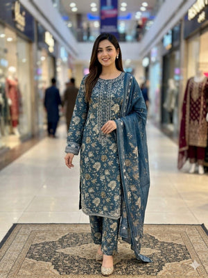 Midnight Teal Embroidered Lawn Suit