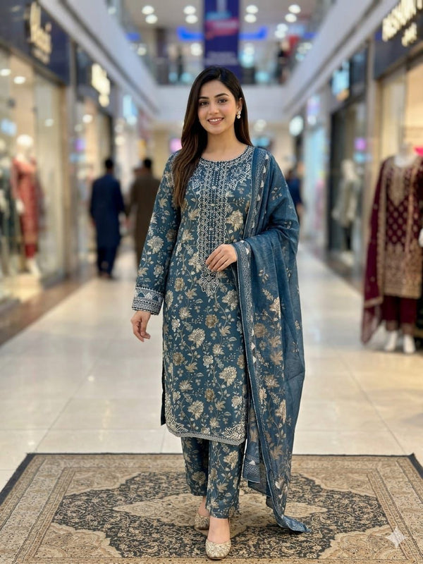 Midnight Teal Embroidered Lawn Suit